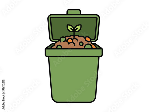 Green compost bin with seedling growing from soil.