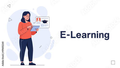 Woman using tablet for e-learning, online education concept, digital classroom