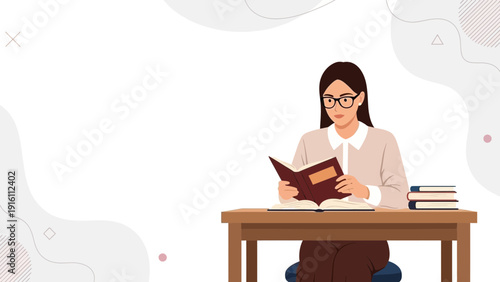 Woman Reading Book At Desk, Education and Knowledge Concept