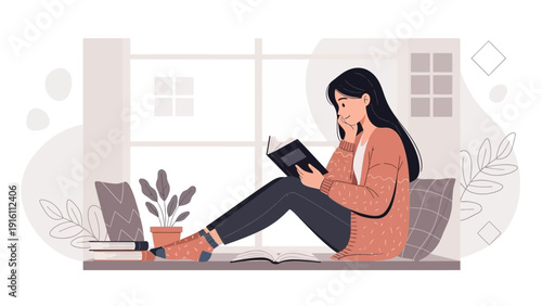 Woman Reading Book by Window Sill Cozy Lifestyle Illustration
