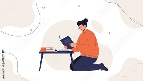 Woman Reading Book Kneeling Floor Cozy Orange Sweater Study Education Knowledge