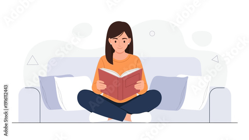 Woman reading book on sofa, relaxing at home, enjoying leisure time, illustration