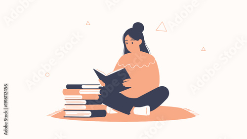 Woman Reading Book Stacked Beside Her, Relaxed and Focused