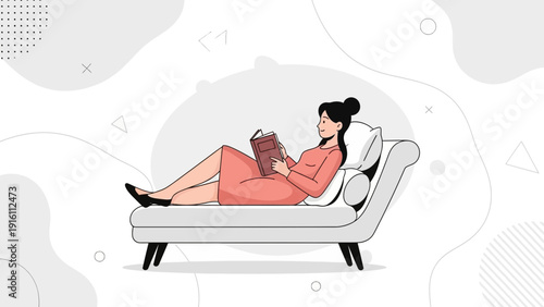 Woman Relaxing on Couch Reading Book, Peaceful Leisure Time