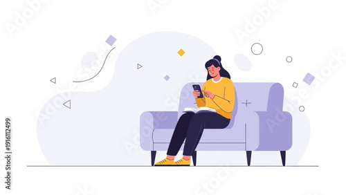 Woman sitting on couch using smartphone and reading book, flat illustration