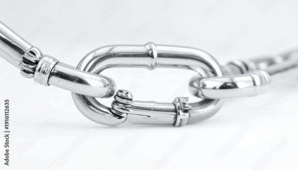 Obraz premium Silver Metal Chain Links on White Background Strength Interlocking Connection Security Bond Object.