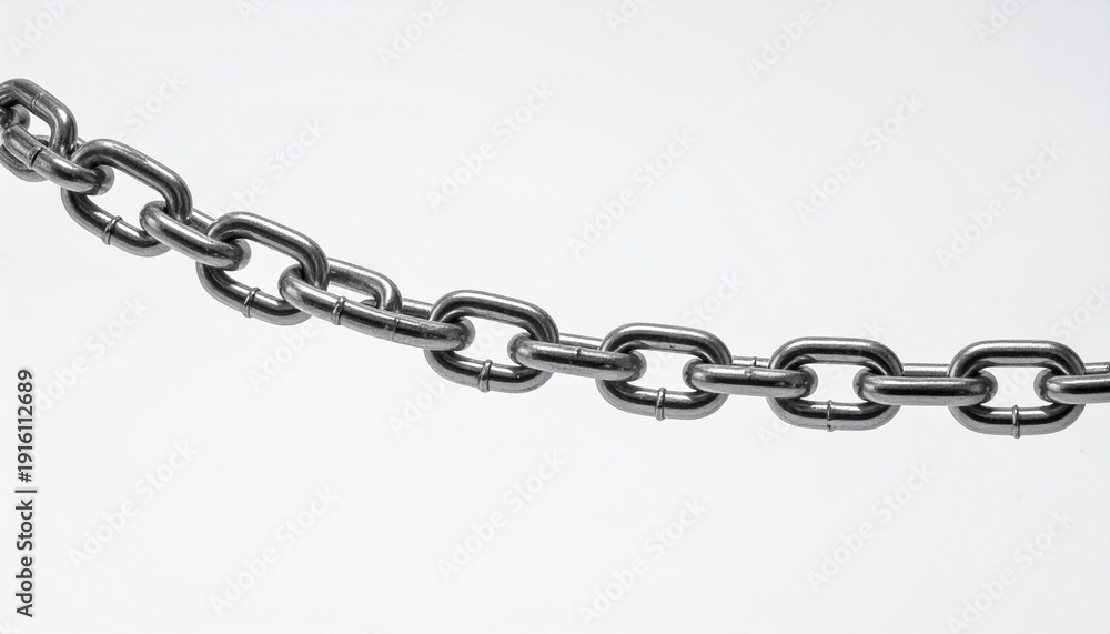 Fototapeta premium Silver Chain Link Detail Against White Background for Concepts of Strength and Connection.