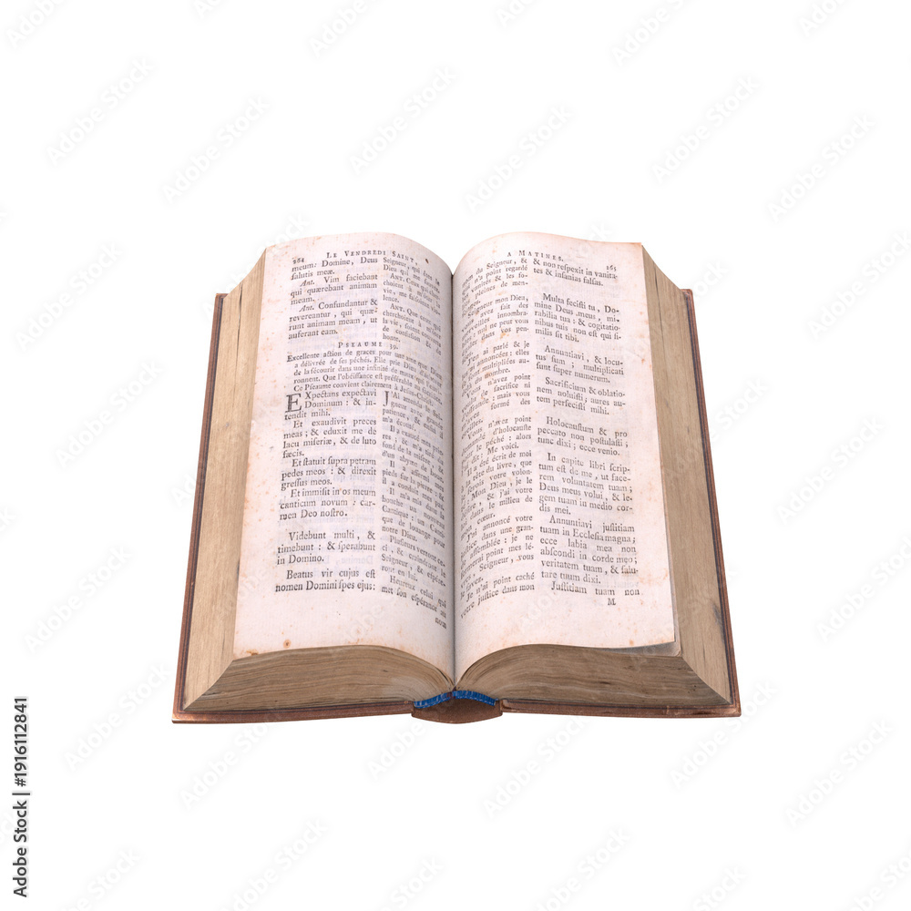 Fototapeta premium Open book with two pages filled with text on a white background