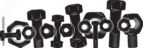 Collection of various black bolts and nuts on white