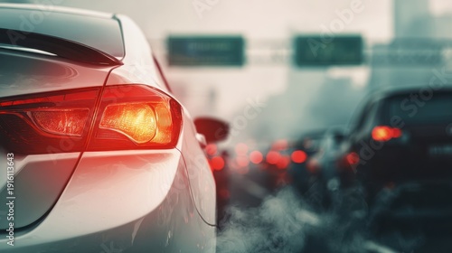 The Car Taillight Glowing in Heavy Urban Traffic with Exhaust and Bokeh Lights
