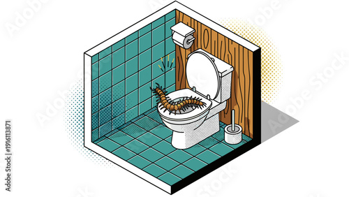 Isometric surreal bathroom with centipede in toilet