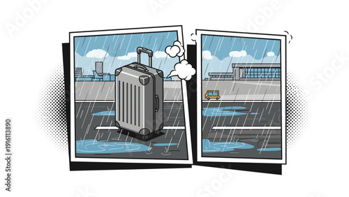 Comic style rainy airport tarmac with suitcase and puddles