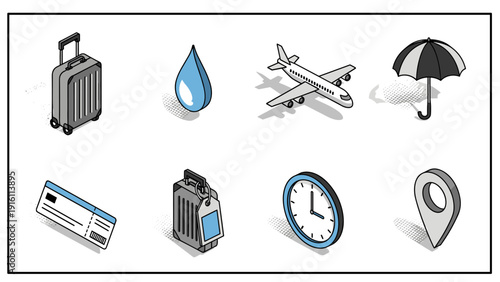 Travel and weather icon set in isometric style featuring luggage, plane, umbrella, and more