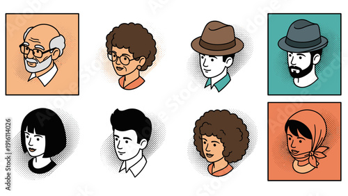 Retro pop art portraits: diverse characters in colorful styles