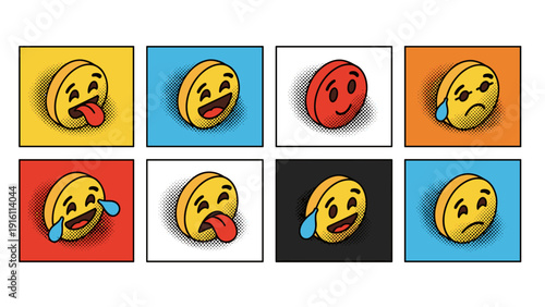 Colorful pop art emoji collection with diverse expressions and comic style