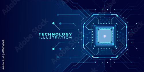 Abstract technology illustration with glowing blue circuit patterns and central processor