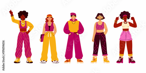 Diverse group of stylish young women in modern colorful streetwear fashion