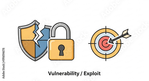 A vector graphic illustration of vulnerability and exploit concepts with a broken shield, padlock, and target with an arrow.