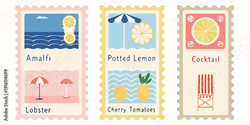 A set of colorful postcard stamps depicting summer themes and citrus fruits