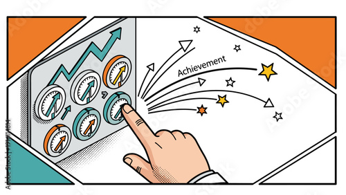 Hand pointing at dashboard gauges with achievement concept in pop art style