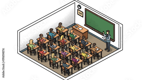 Isometric classroom setting with students and teacher in a modern learning environment