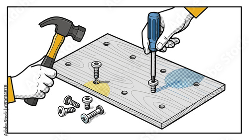 Retro style diy hand tools for woodworking: hammer, screwdriver, and screws on wood panel