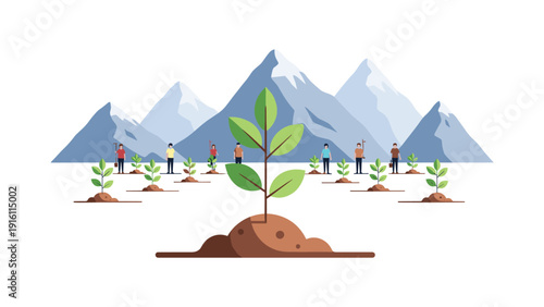 Sustainable agriculture with mountainous backdrop: people planting trees in a flat design