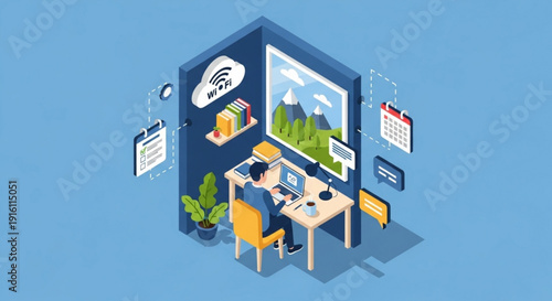 A man works on his computer in a modern office cubicle with a mountain view on the screen