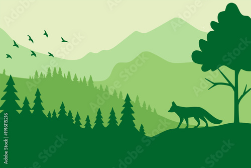 fox on the hill with mountain and forest tree landscape view nature background flat color vector illustration template design
