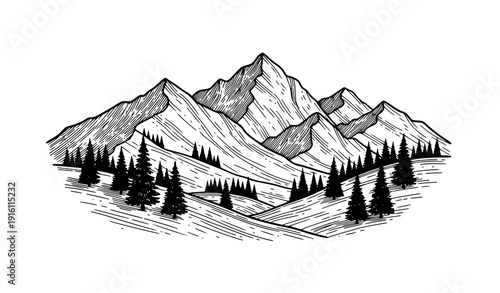 Hand drawn engraving mountain landscape outdoor adventure vector