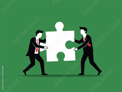 Two businessmen collaborating to connect puzzle pieces together.