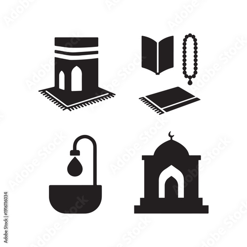Black Islamic Religious Icon Set Featuring Kaaba Quran Prayer Beads And Mosque.