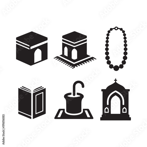 Black Islamic Religious Icon Set Featuring Kaaba Quran Prayer Beads And Mosque.