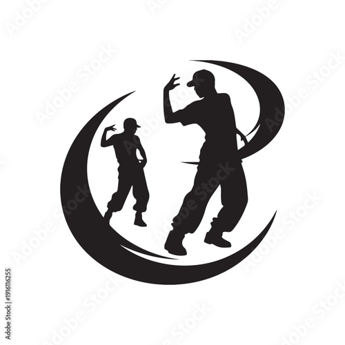 Dynamic Black Silhouette Hip Hop Dancers Performing Urban Street Dance Move Illustration.
