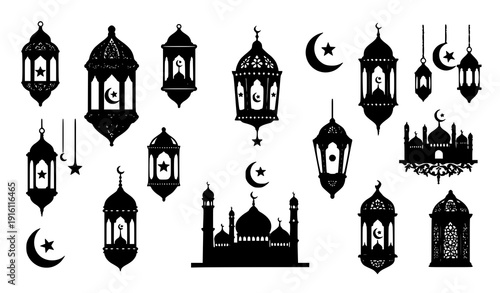 Ramadan Kareem Decoration Elements – Islamic Lantern Silhouettes and Traditional Fanoos Lamp Icon Set