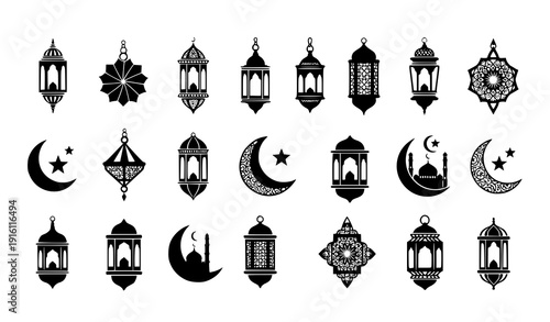 Traditional Fanoos Lamp Silhouette Collection – Ramadan Kareem Islamic Decoration Vector Icons