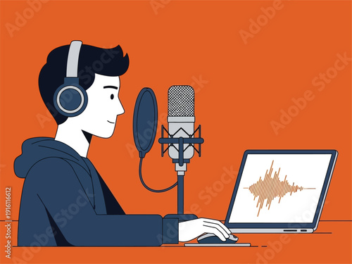 Young man wearing headphones recording audio with a microphone and laptop.