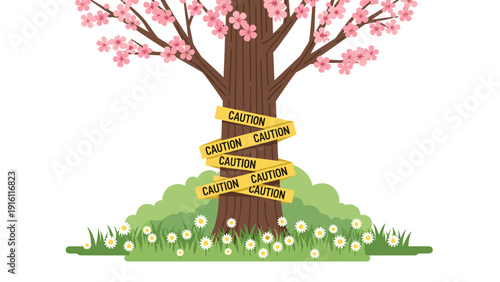Cherry blossom tree with caution signs surrounded by daisies in a flat design