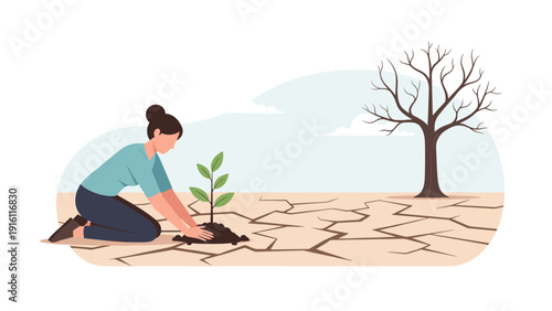 Woman planting seedling in dry landscape with bare tree and cracked earth