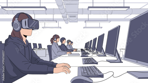 Modern workforce embracing virtual reality in a high-tech office environment