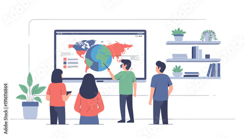 Team analyzing global data on interactive digital world map display