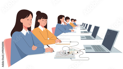 Women in technology: linear style diagram of women learning electronics and programming
