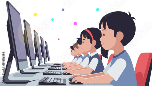 Children learning and coding in a computer lab classroom in flat design