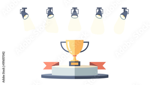 Champion trophy on podium with spotlights and red ribbon in flat design
