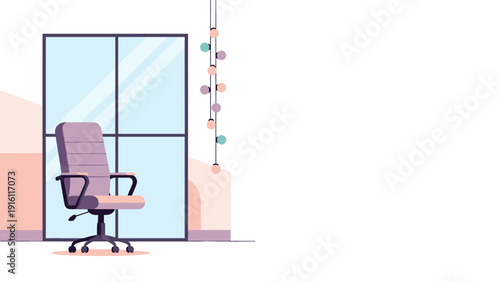 Modern office chair with large window and pendant lights in minimalistic room interior