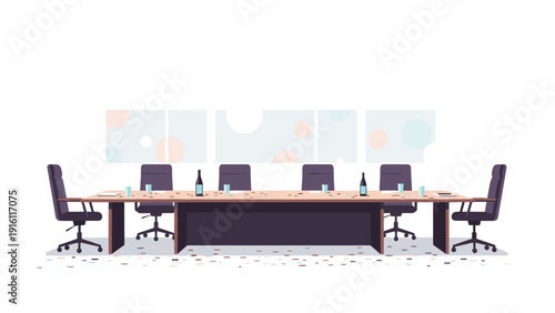 Empty conference room with modern furniture and decorative wall art in stylish setting