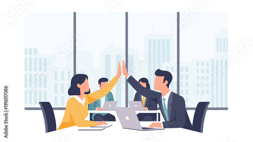 Office teamwork success with high five in modern workspace