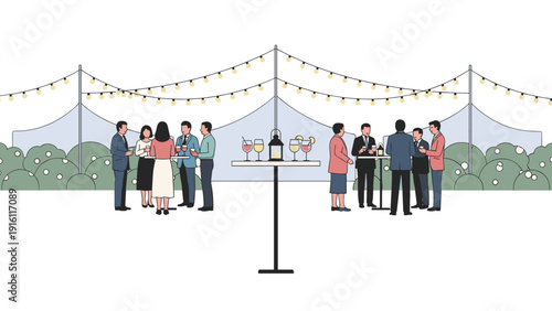 Elegant outdoor evening event with string lights and guests socializing