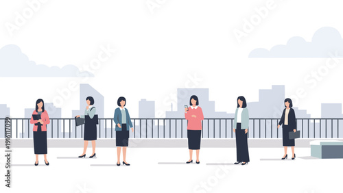 Business women in urban office setting with skyline and modern fashion