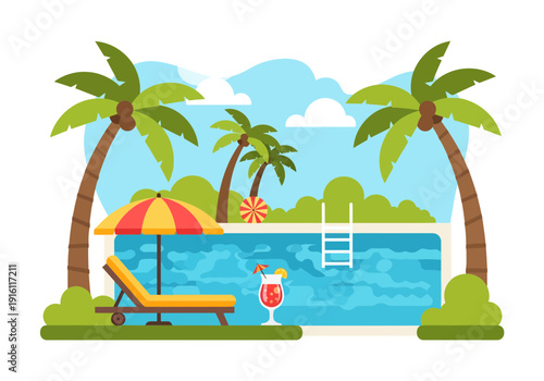 Relaxing tropical getaway with poolside lounge chair and refreshing cocktail